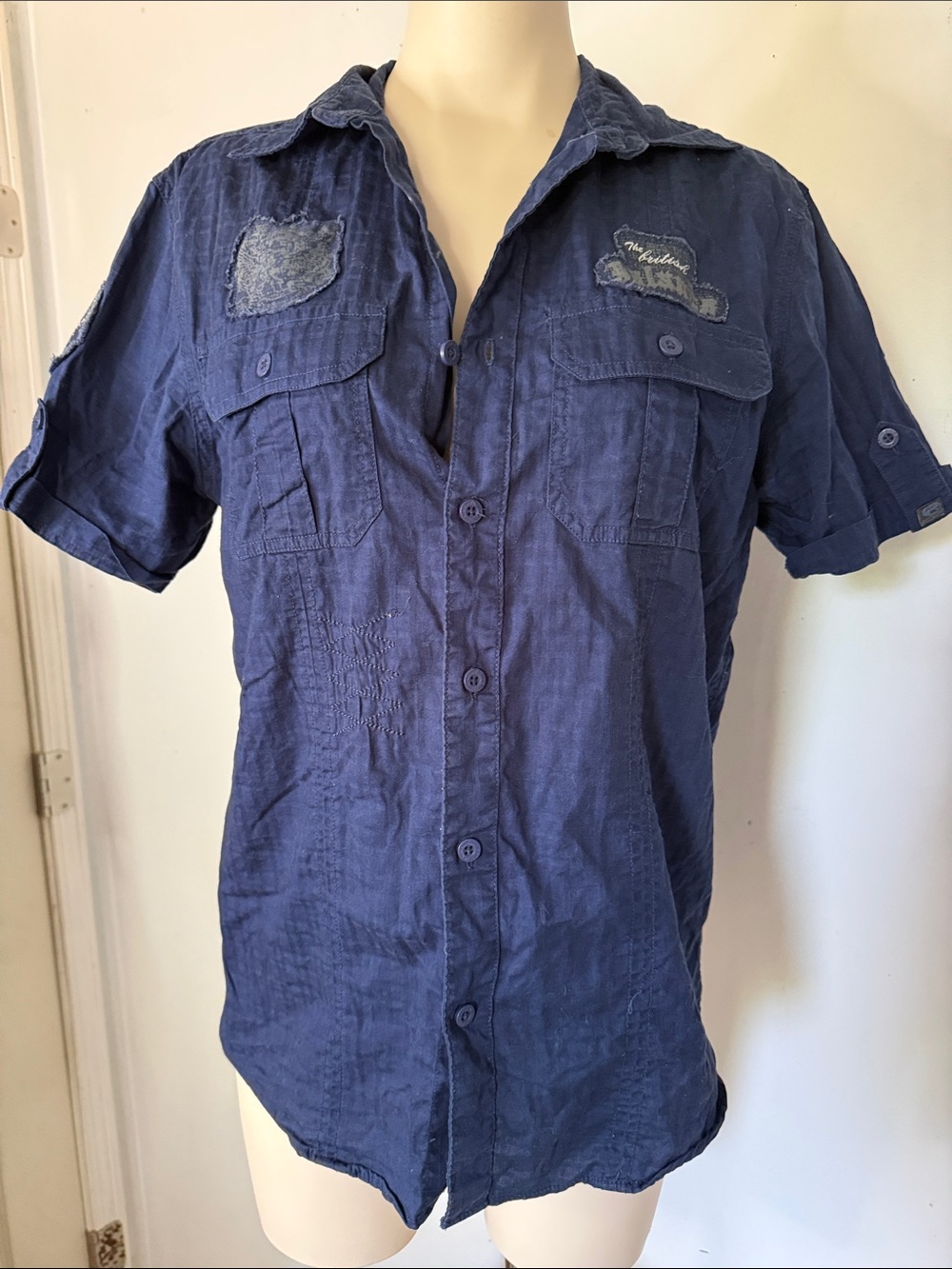 Men’s or LadiesPoint Zero Navy Short-Sleeve Button Down Shirt with Chest Pockets